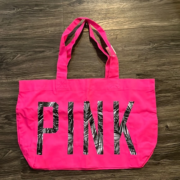 💕 BNWT, VS PINK, Neon Pink With Black Tropical Pattern, Canvas Tote 💕 - Picture 1 of 1